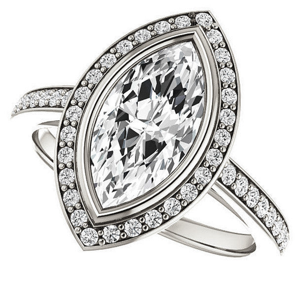 Marquise Cut Moissanite Bezel Halo Engagement Ring