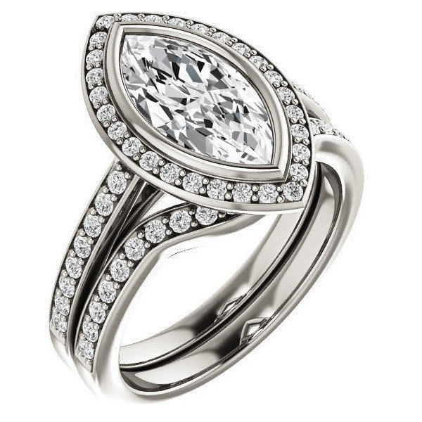 Marquise Cut Moissanite Bezel Halo Engagement Ring