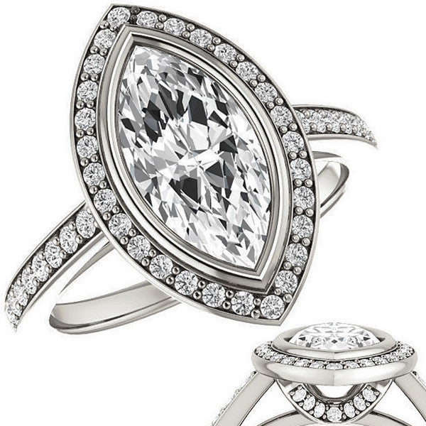Marquise Cut Moissanite Bezel Halo Engagement Ring
