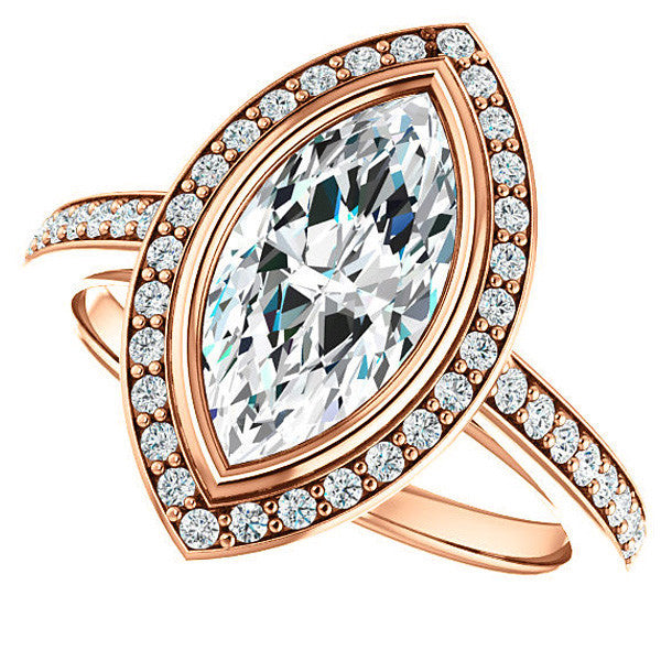 Marquise Cut Moissanite Bezel Halo Engagement Ring