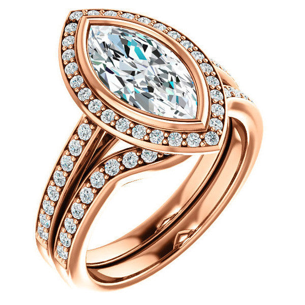 Marquise Cut Moissanite Bezel Halo Engagement Ring