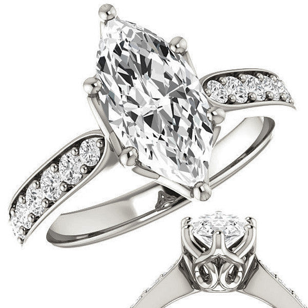 Marquise cut Engagement Ring with Pave set Side Stones