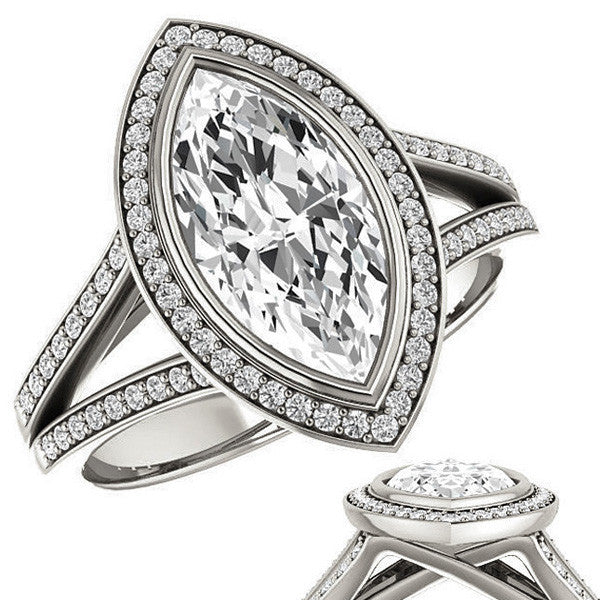 Marquise cut Moissanite Halo Split Shank Cathedral Engagement Ring