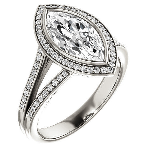 Marquise cut Moissanite Halo Split Shank Cathedral Engagement Ring