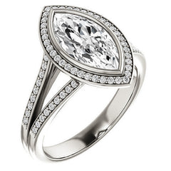 Marquise cut Moissanite Halo Split Shank Cathedral Engagement Ring