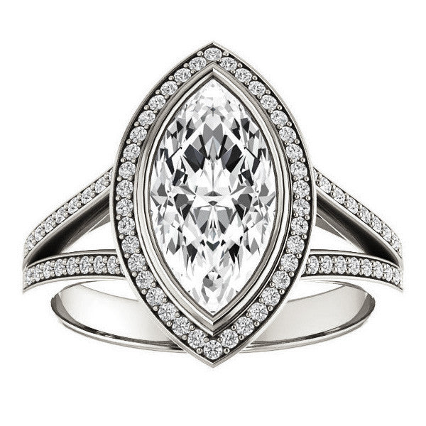 Marquise cut Moissanite Halo Split Shank Cathedral Engagement Ring