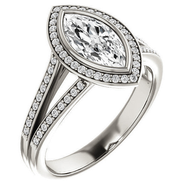 Marquise cut Moissanite Halo Split Shank Cathedral Engagement Ring
