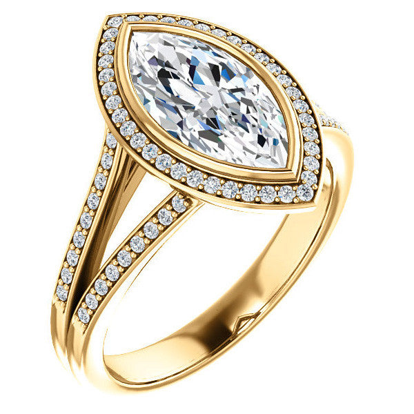 Marquise cut Moissanite Halo Split Shank Cathedral Engagement Ring