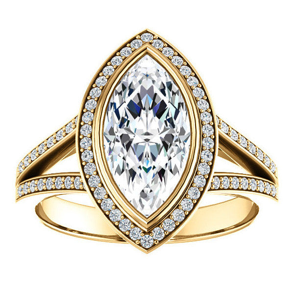 Marquise cut Moissanite Halo Split Shank Cathedral Engagement Ring