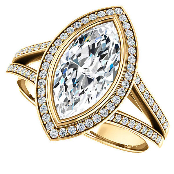 Marquise cut Moissanite Halo Split Shank Cathedral Engagement Ring