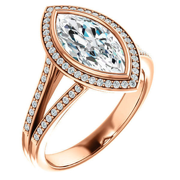 Marquise cut Moissanite Halo Split Shank Cathedral Engagement Ring