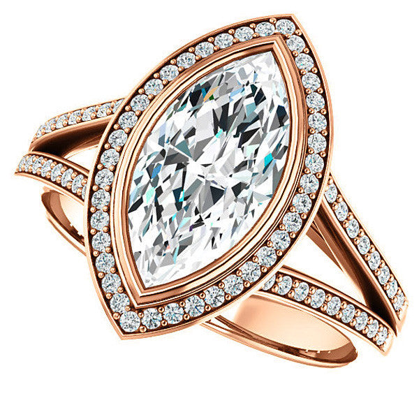 Marquise cut Moissanite Halo Split Shank Cathedral Engagement Ring