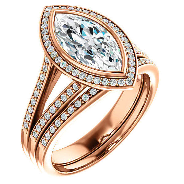 Marquise cut Moissanite Halo Split Shank Cathedral Engagement Ring