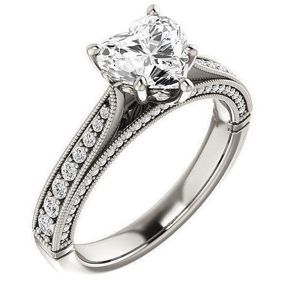 Heart Shaped Scroll Milgrain Moissanite Engagement Ring