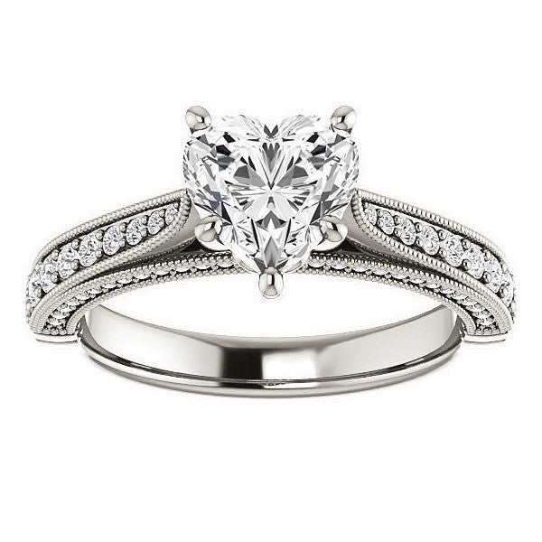 Heart Shaped Scroll Milgrain Moissanite Engagement Ring