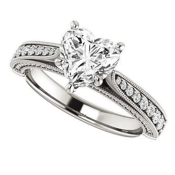 Heart Shaped Scroll Milgrain Moissanite Engagement Ring