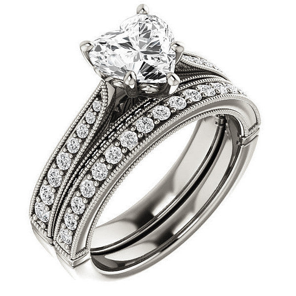 Heart Shaped Scroll Milgrain Moissanite Engagement Ring