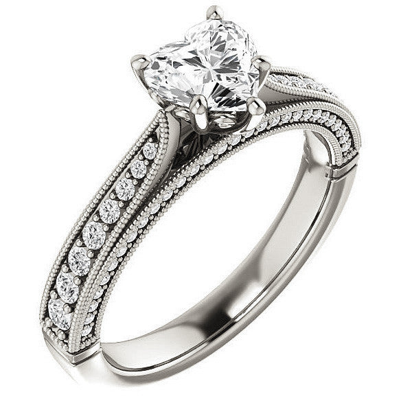 Heart Shaped Scroll Milgrain Moissanite Engagement Ring