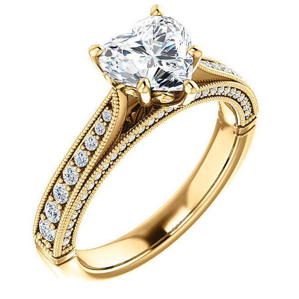 Heart Shaped Scroll Milgrain Moissanite Engagement Ring