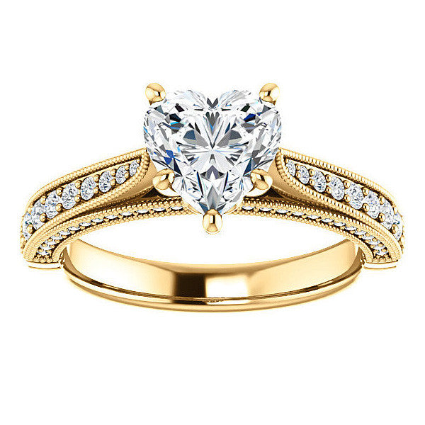 Heart Shaped Scroll Milgrain Moissanite Engagement Ring
