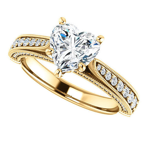 Heart Shaped Scroll Milgrain Moissanite Engagement Ring