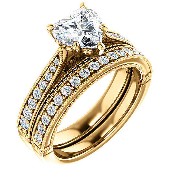 Heart Shaped Scroll Milgrain Moissanite Engagement Ring