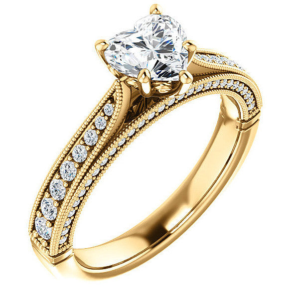 Heart Shaped Scroll Milgrain Moissanite Engagement Ring