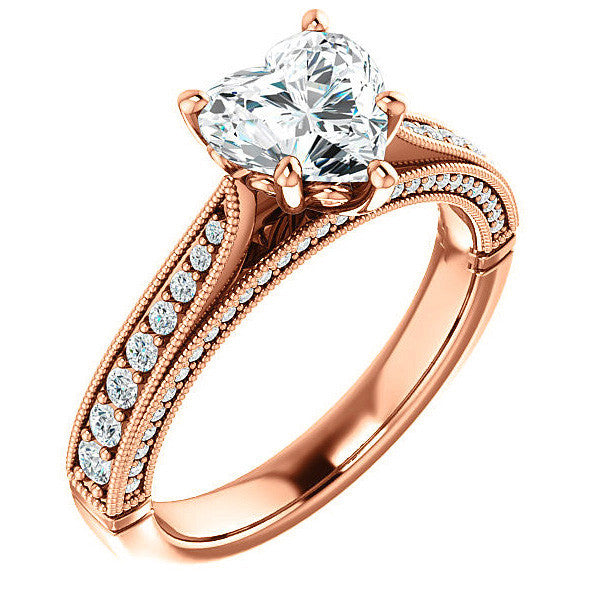Heart Shaped Scroll Milgrain Moissanite Engagement Ring