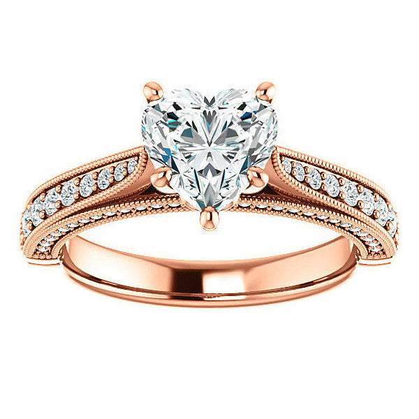 Heart Shaped Scroll Milgrain Moissanite Engagement Ring