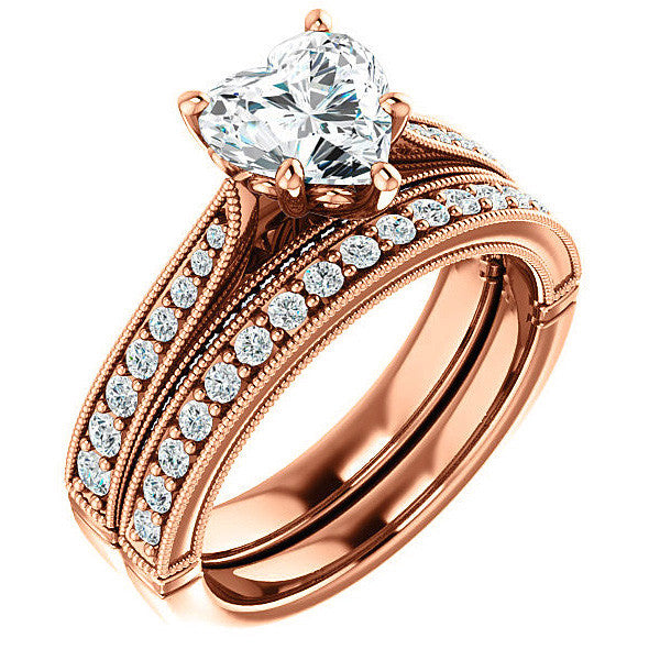 Heart Shaped Scroll Milgrain Moissanite Engagement Ring
