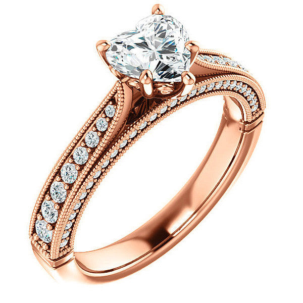Heart Shaped Scroll Milgrain Moissanite Engagement Ring