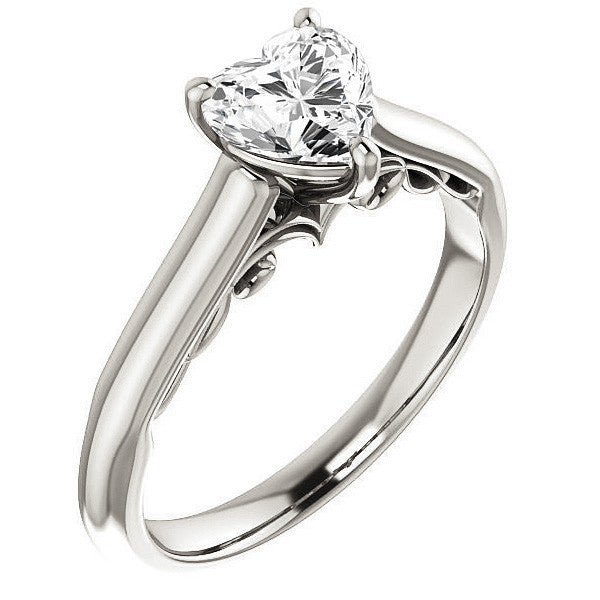 Heart Moissanite Scroll Accented Solitaire Engagement Ring