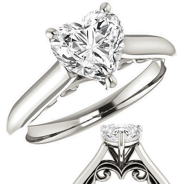 Heart Moissanite Scroll Accented Solitaire Engagement Ring