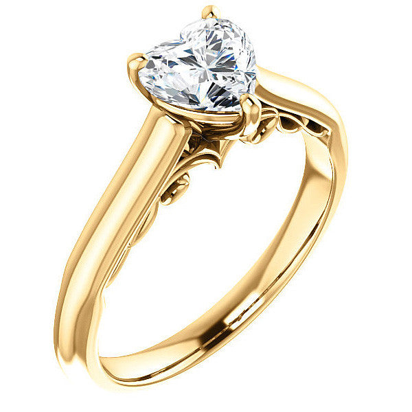 Heart Moissanite Scroll Accented Solitaire Engagement Ring