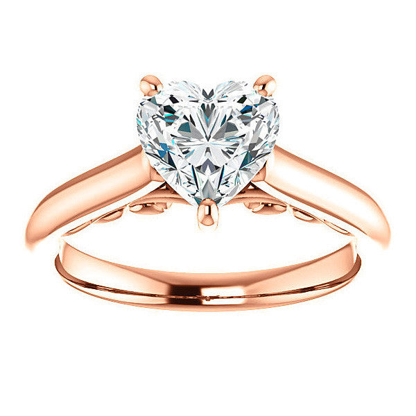 Heart Moissanite Scroll Accented Solitaire Engagement Ring
