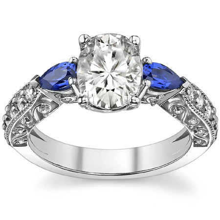 Oval Moissanite & Pear Sapphire Antique Engagement Ring