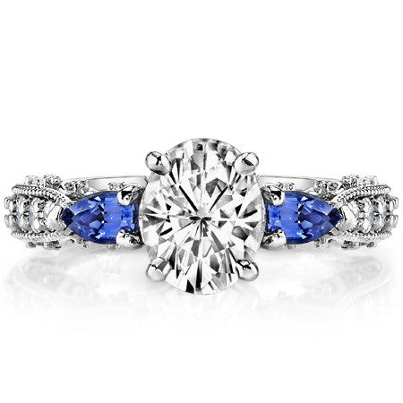 Oval Moissanite & Pear Sapphire Antique Engagement Ring