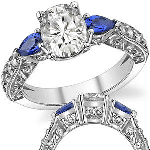 Oval Moissanite & Pear Sapphire Antique Engagement Ring