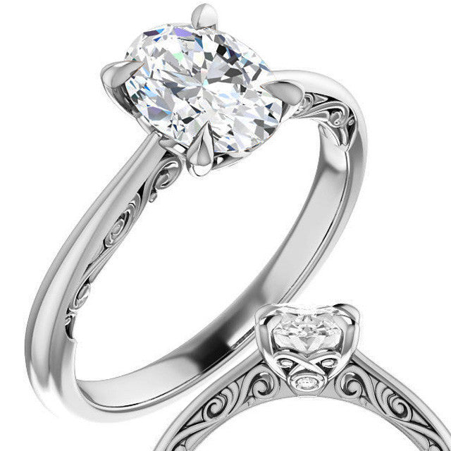 Oval Surprise Stone Solitaire with Scroll Accents