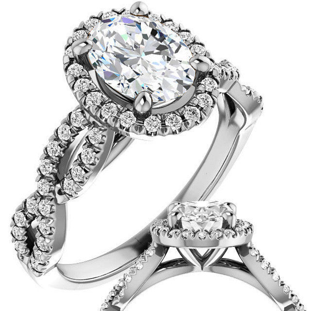 Oval Moissanite Halo Engagement Ring with Twisted Band