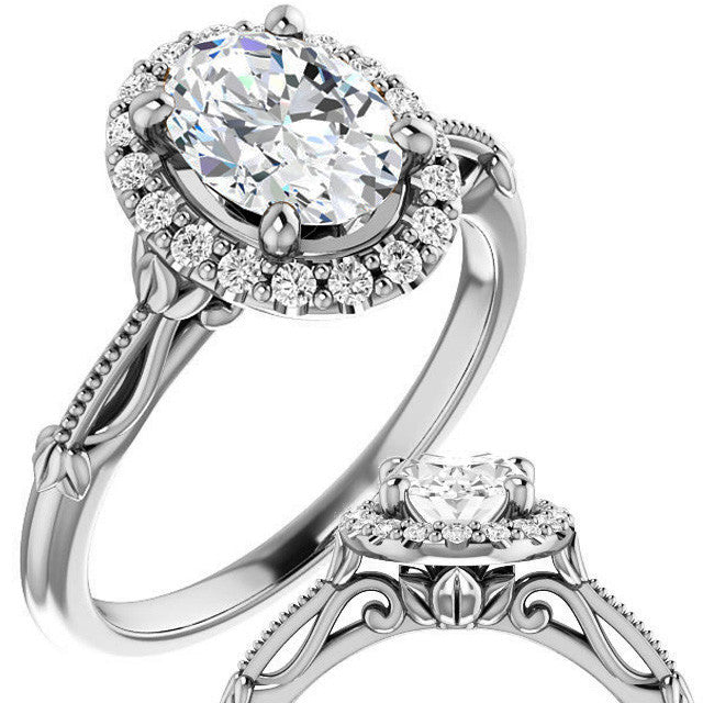 Halo and Floral Accents Oval cut Moissanite Engagement Ring