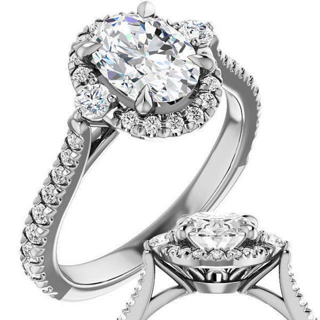 Oval Moissanite Cathedral Halo Engagement Ring with Claw Prongs