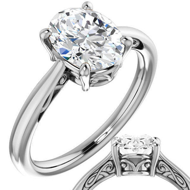 Oval Moissanite Scroll Accented Solitaire Ring