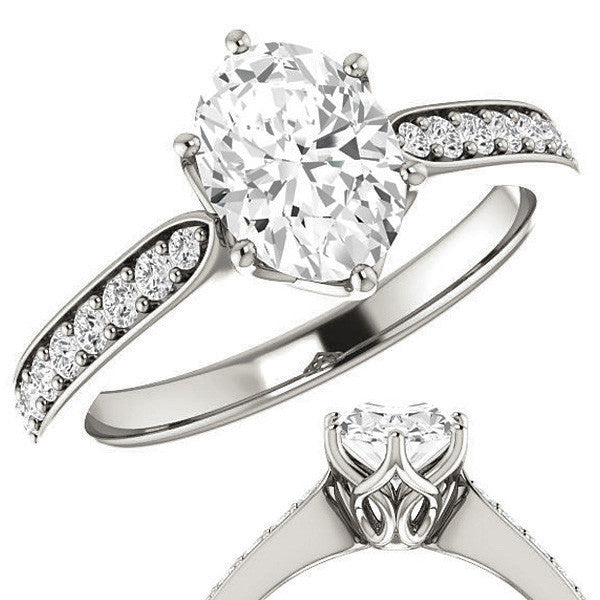 Oval cut Engagement Ring with Pave set Side Stones