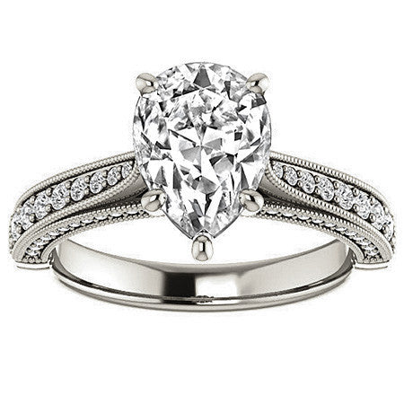 Pear Moissanite Scroll Milgrain Engagement Ring