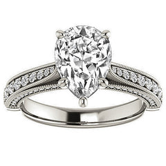 Pear Moissanite Scroll Milgrain Engagement Ring