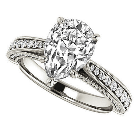 Pear Moissanite Scroll Milgrain Engagement Ring