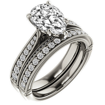 Pear Moissanite Scroll Milgrain Engagement Ring