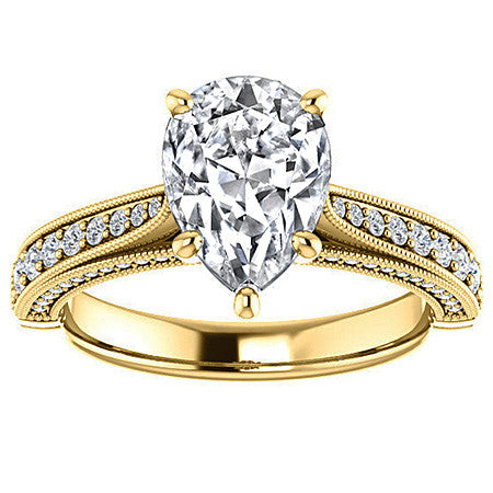 Pear Moissanite Scroll Milgrain Engagement Ring