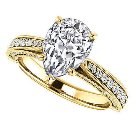 Pear Moissanite Scroll Milgrain Engagement Ring